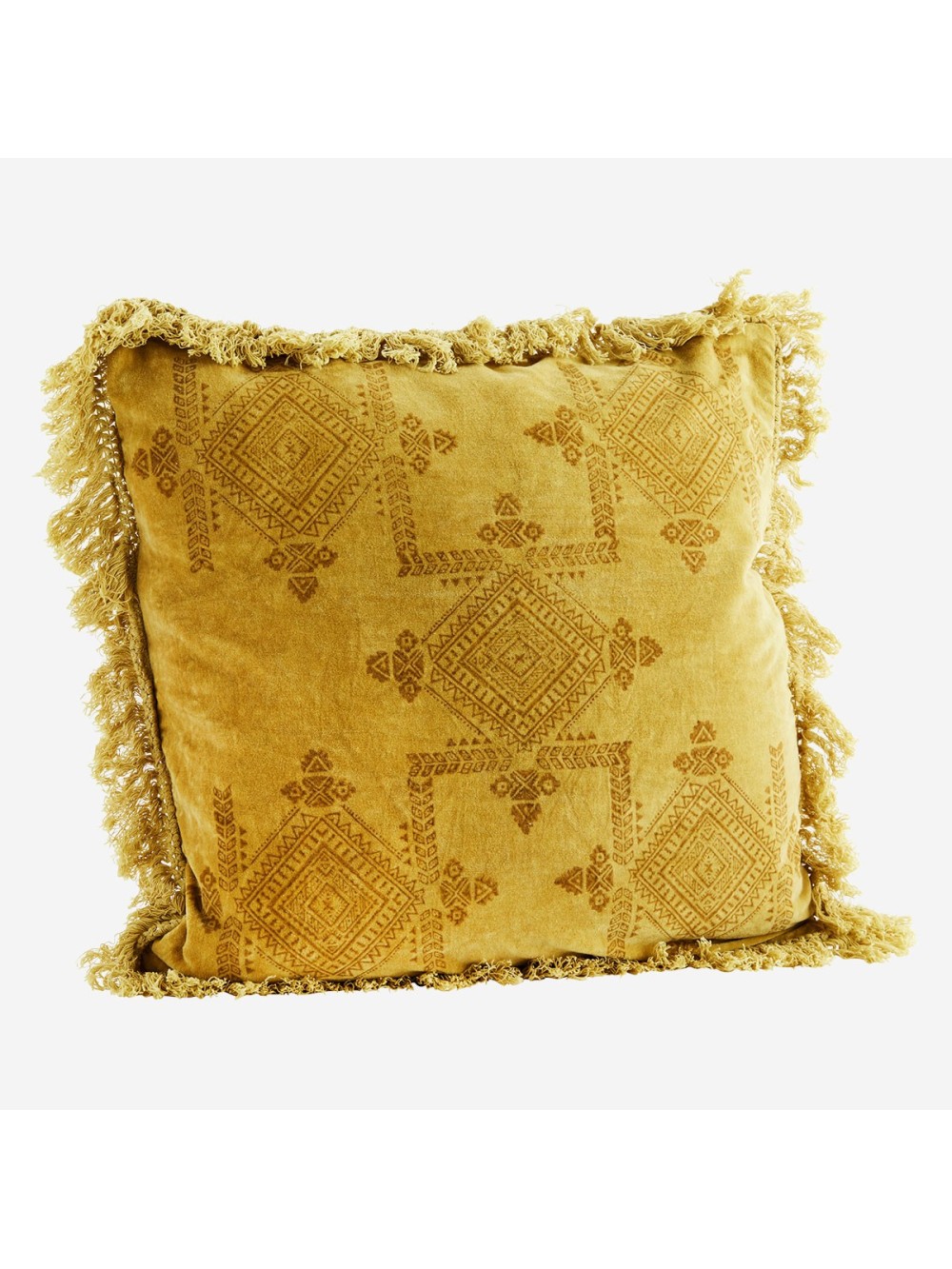COUSSIN EN VELOUR IMPRIME MOUTARDE 50X50